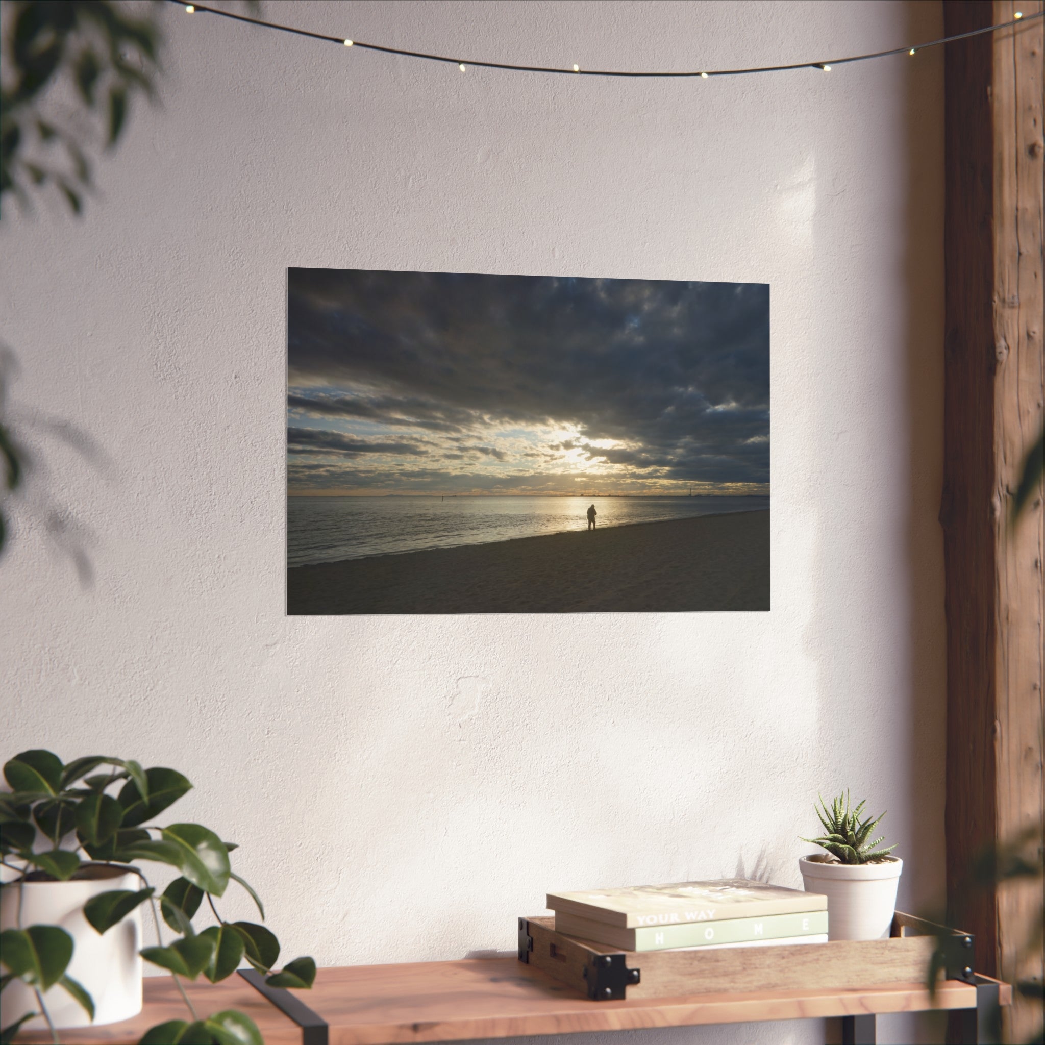 Art Poster - Sunset Beach Reflection Man Walking Golden Light  What To Do? -20958 Fine Art Poster | Coastal Wall Decor, Beach Home Art, Nature Photography, Gift for Ocean Lovers, Boho Decor