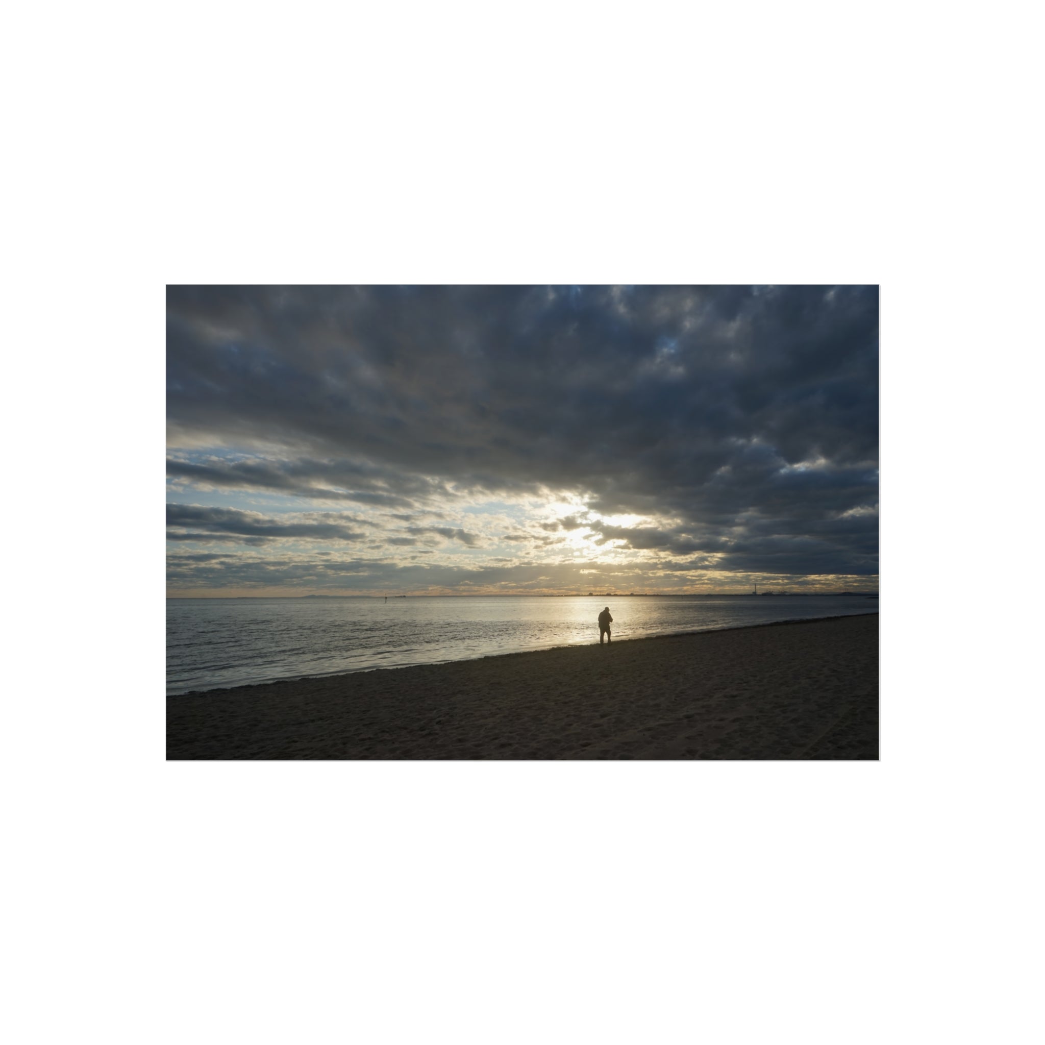 Art Poster - Sunset Beach Reflection Man Walking Golden Light  What To Do? -20958 Fine Art Poster | Coastal Wall Decor, Beach Home Art, Nature Photography, Gift for Ocean Lovers, Boho Decor