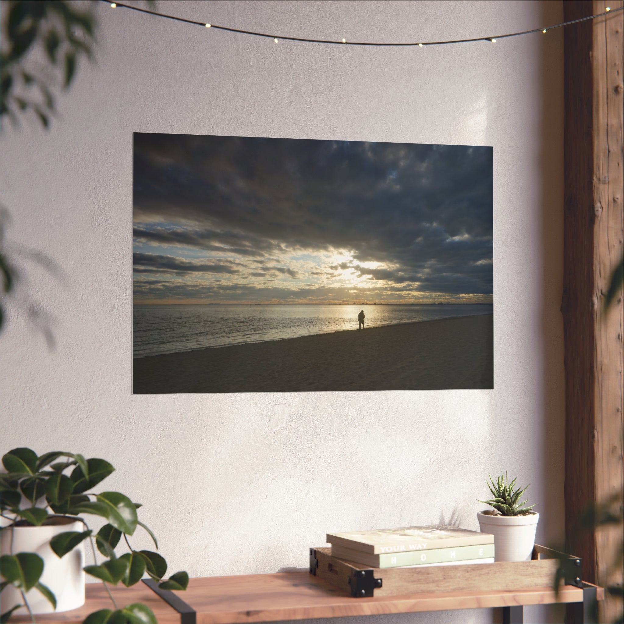 Art Poster - Sunset Beach Reflection Man Walking Golden Light  What To Do? -20958 Fine Art Poster | Coastal Wall Decor, Beach Home Art, Nature Photography, Gift for Ocean Lovers, Boho Decor