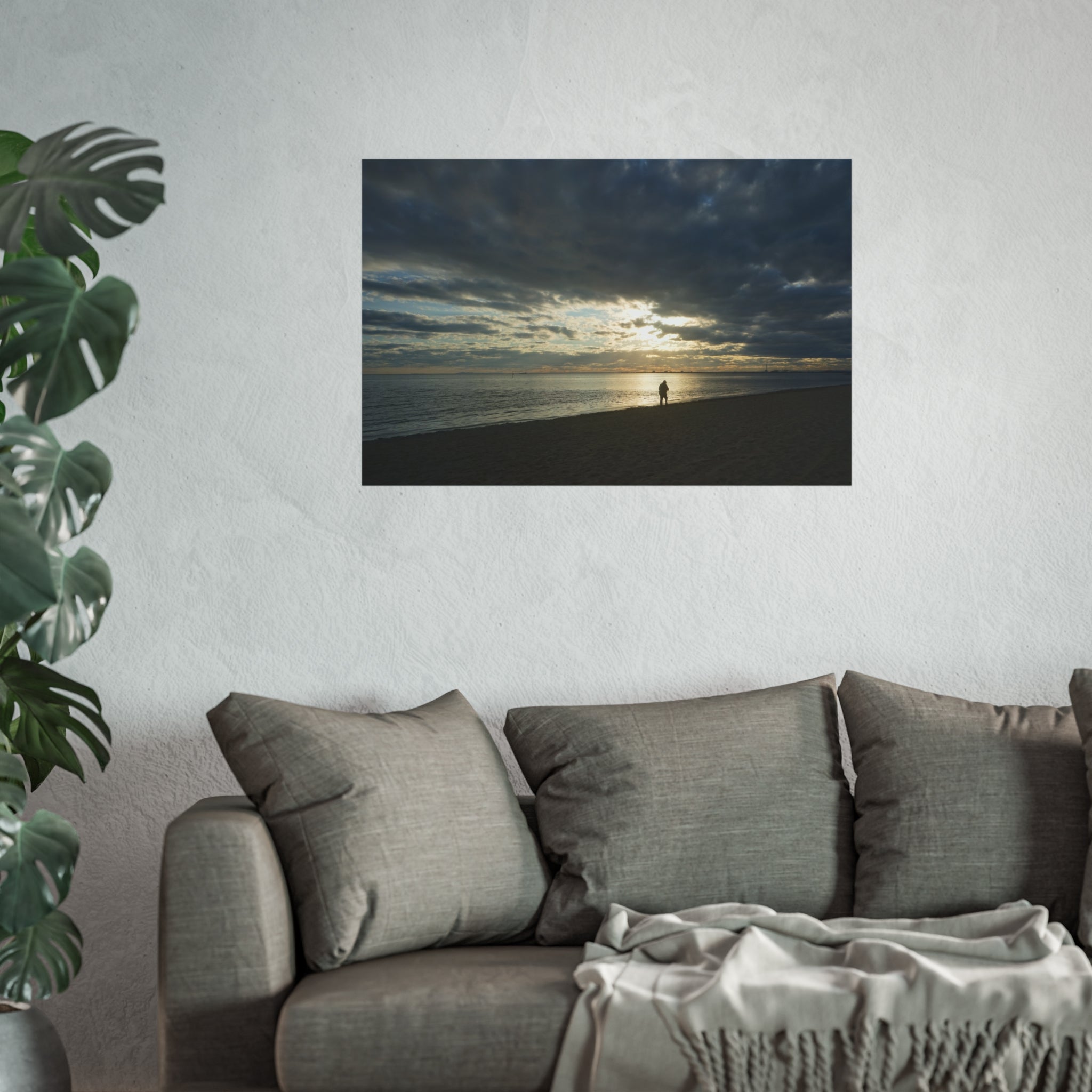 Art Poster - Sunset Beach Reflection Man Walking Golden Light  What To Do? -20958 Fine Art Poster | Coastal Wall Decor, Beach Home Art, Nature Photography, Gift for Ocean Lovers, Boho Decor