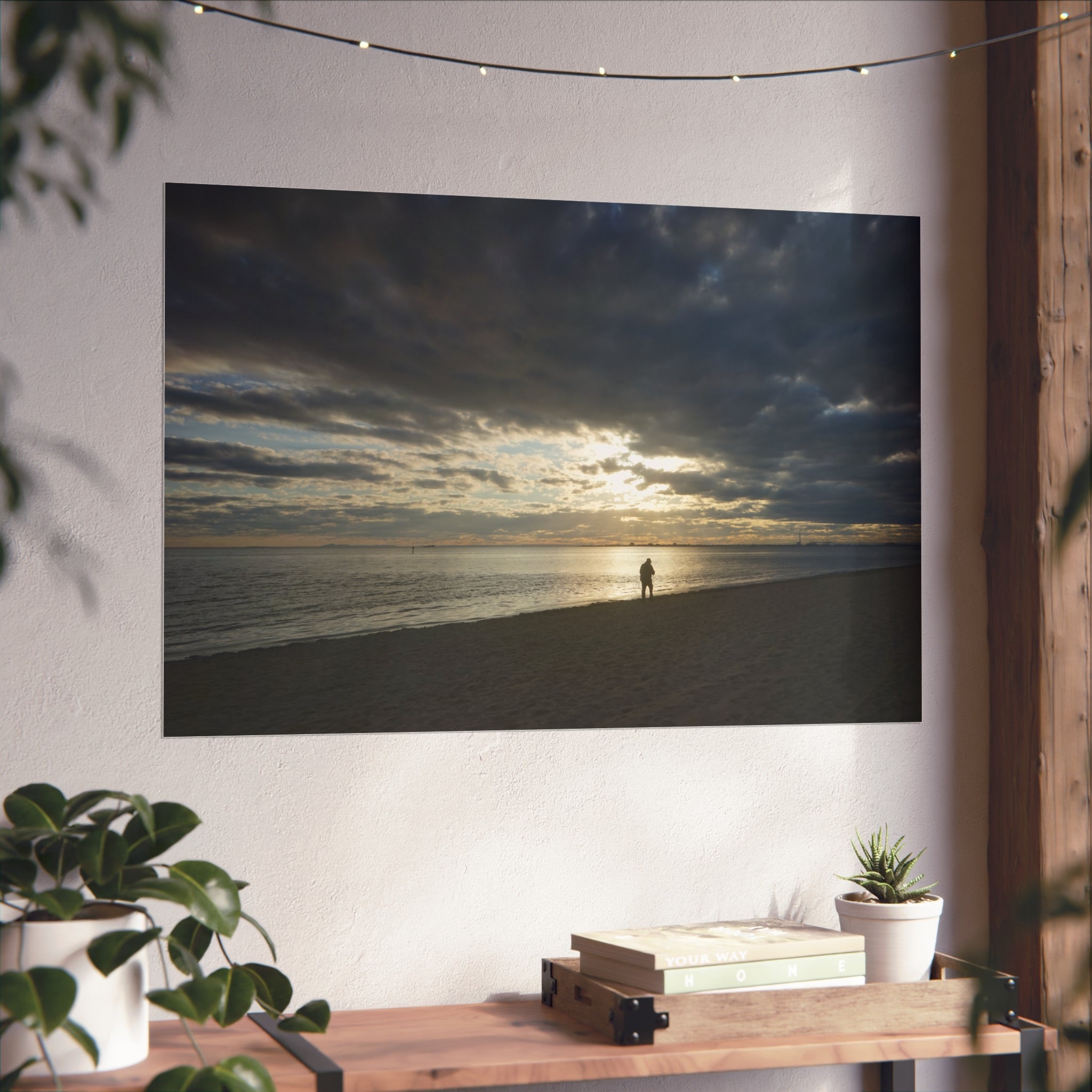 Art Poster - Sunset Beach Reflection Man Walking Golden Light  What To Do? -20958 Fine Art Poster | Coastal Wall Decor, Beach Home Art, Nature Photography, Gift for Ocean Lovers, Boho Decor
