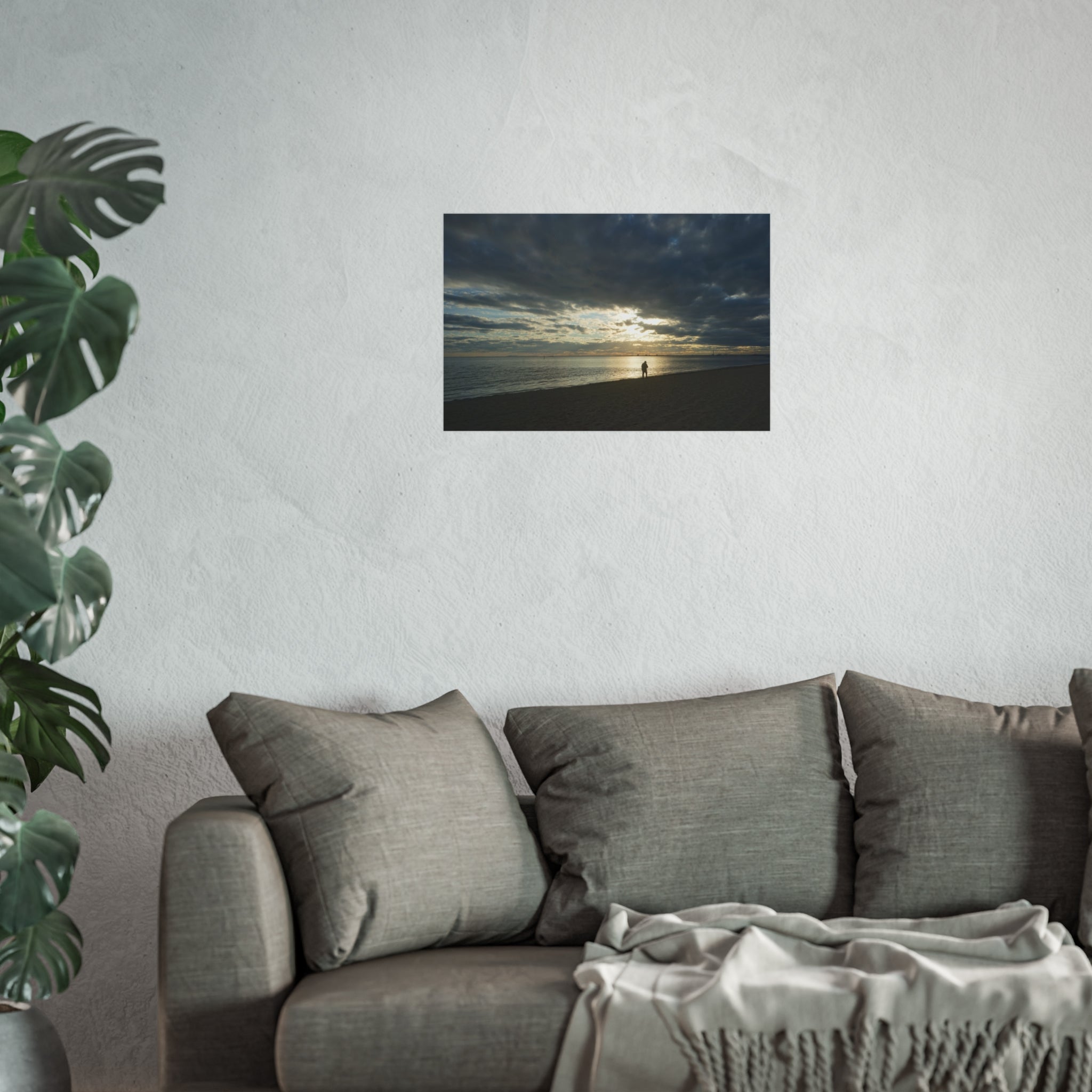 Art Poster - Sunset Beach Reflection Man Walking Golden Light  What To Do? -20958 Fine Art Poster | Coastal Wall Decor, Beach Home Art, Nature Photography, Gift for Ocean Lovers, Boho Decor