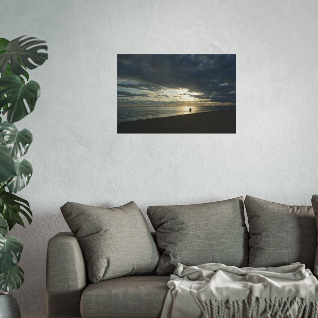 Art Poster - Sunset Beach Reflection Man Walking Golden Light  What To Do? -20958 Fine Art Poster | Coastal Wall Decor, Beach Home Art, Nature Photography, Gift for Ocean Lovers, Boho Decor