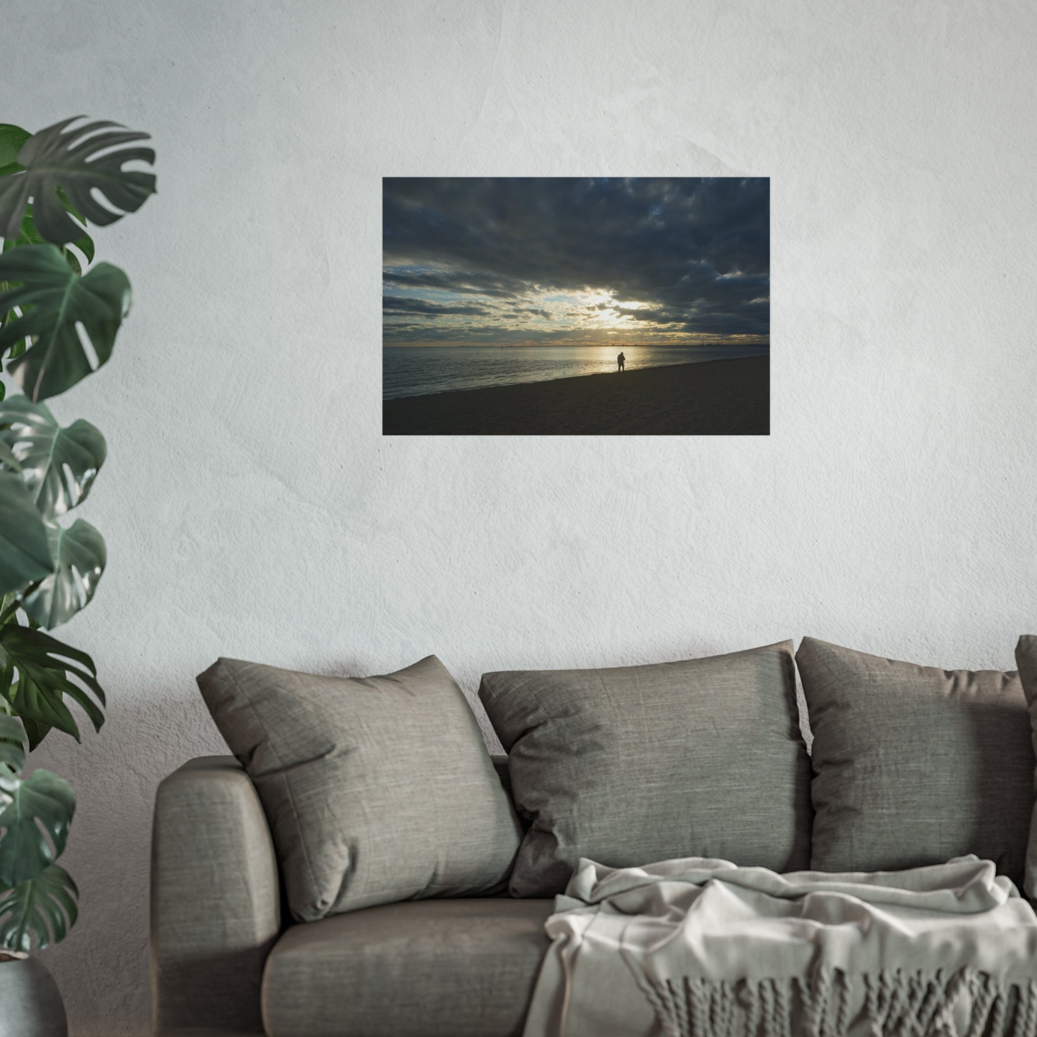 Art Poster - Sunset Beach Reflection Man Walking Golden Light  What To Do? -20958 Fine Art Poster | Coastal Wall Decor, Beach Home Art, Nature Photography, Gift for Ocean Lovers, Boho Decor
